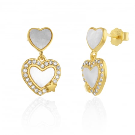 Cercei cu surub - Cercei din argint 925 placat cu aur 14 kt, Piatra: sidef si cubic zirconia , Culoare: sidef si transparent,
