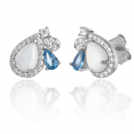 Cercei cu surub - Cercei din argint 925 rodiat , Piatra : opal , zirconia fateta si cubic zirconia , Culoare : alb , transparent si albastru ,
