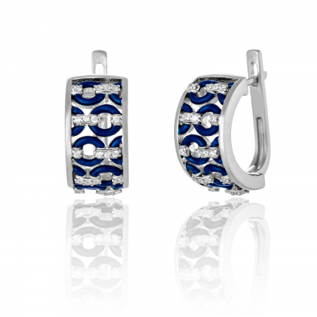 Cercei clasici - Cercei din argint 925 rodiat , Piatra ; cubic zirconia si email , Culoare : transparent si albastru ,