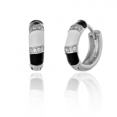 Cercei clasici - Cercei din argint 925 rodiat , Piatra : cubic zirconia si email , Culoare : transparent , negru si alb ,