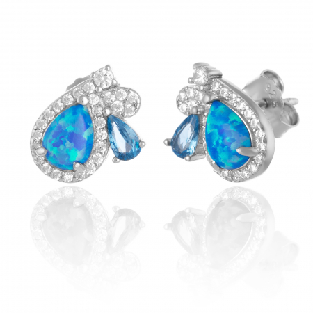 Cercei cu surub - Cercei din argint 925 rodiat , Piatra: opal de laborator si cubic zirconia, Culoare : albastru si transparent,