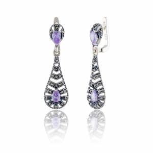 Cercei lungi - Cercei din argint 925, Piatra: zirconia fatetata si marcasite ,Culoare : mov,Sonis Silver