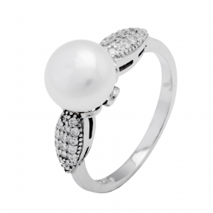 Inel din argint 925 rodiat, Piatra: perla de laborator  si cubic zirconia,  Culoare: transparent si alb, Sonis Silver [0]