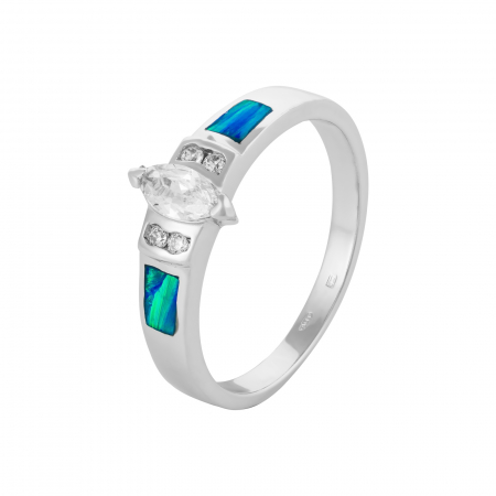 Produse - Inel din argint 925 rodiat, Piatra : opal de laborator, zirconia fatetata si cubic zirconia, Culoare : albastru si transparent, Sonis Silver
