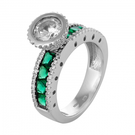Inele de dama - Inel din argint 925 rodiat, Piatra : zirconia fatetata si cubic zirconia , Culoare verde si transparent ,