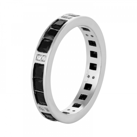 Verighete unisex - Inel tip " Tennis " din argint 925 rodiat ,Piatra : zirconia fatetata si onix fatetat , Culoare : transparent si negru,