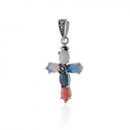 Produse - Pandantiv " tip cruce " din argint 925, Piatra: opal japonez si marcasite ,Culoare : multicolor , Culoare: transparenta, Sonis Silver