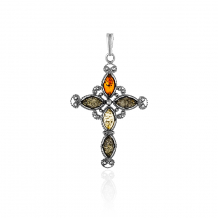 PANDANTIVE TIP CRUCE - Pandantiv tip " Cruce " din argint  925, Piatra : chihlimbar natural , Culoare : verde si maro cognac, Sonis Silver