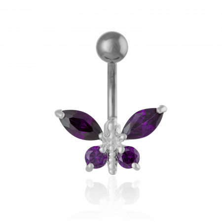 PIERCING - Piercing ombilical cu tija din otel medicinal si accesoriu din argint 925, Piatra: zirconia fatetata,Culoare: mov,  Sonis Silver