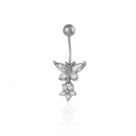 PIERCING - Piercing ombilical din argint 925  rodiat, Piatra: zirconia fatetata si cubic zirconia , Culoare: transparenta ,