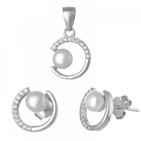 Seturi bijuterii cu piatra - Set din argint 925 rodiat  ( cercei+pandantiv), Piatra : perla de laborator si  cubic zirconia, Culoare : alb si transparent ,