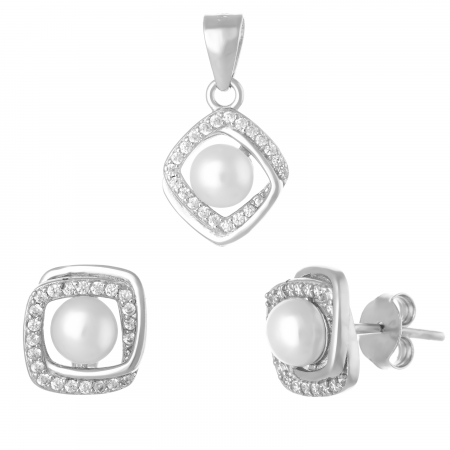 Seturi bijuterii cu piatra - Set din argint 925 rodiat ( cercei+pandantiv),Piatra : perla de laborator si cubic zirconia , Culoare : alb si transparent ,