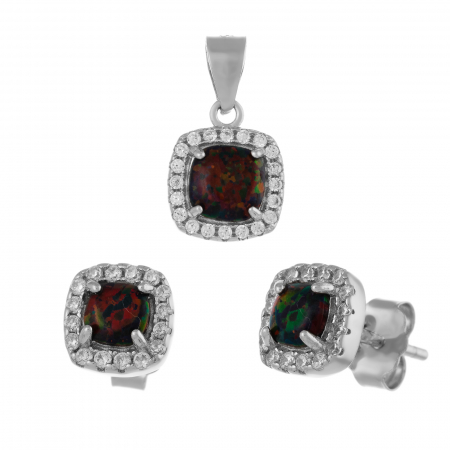Seturi bijuterii cu piatra - Set din argint 925 ( cercei+pandantiv), Piatra : opal japonez , Culoare : verde cu insertii de maro,