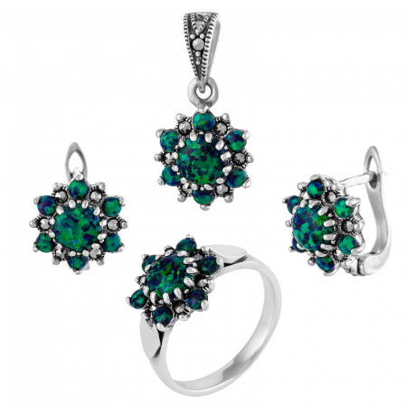 Seturi bijuterii cu piatra - Set din argint 925 (cercei+pandantiv+inel), Piatra : opal japonez si marcasite , Culoare : verde , Sonis Silver