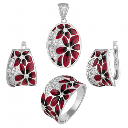 Seturi bijuterii cu email - Set din argint 925 rodiat (cercei+pandantiv+inel), Piatra : cubic zirconia si email , Culoare : transparent si rosu , Sonis Silver
