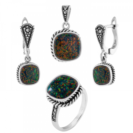 Produse - Set din argint 925 (cercei +pandantiv + inel), Piatra : opal japonez si marcasite , Culoare : maro cognac , Sonis Silver