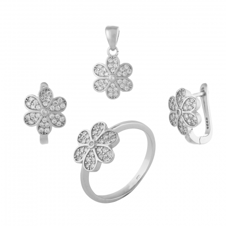 Seturi bijuterii cu piatra - Set din argint 925 rodiat (cercei+pandantiv+inel), Piatra: cubic zirconia, Culoare: transparenta, Sonis Silver