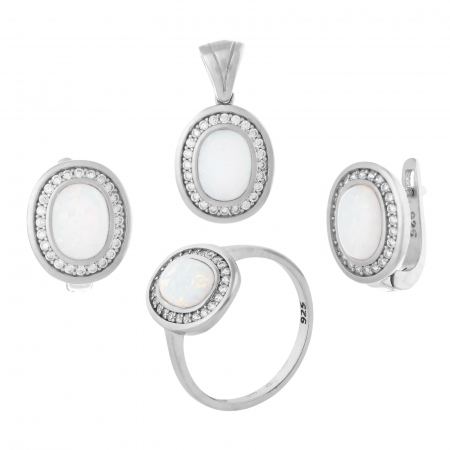 Seturi bijuterii cu piatra - Set din argint 925  rodiat (cercei+pandantiv+inel), Piatra: opal  de laborator si cubic zirconia, Culoare: alb cu insertii, Sonis Silver
