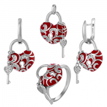 Seturi bijuterii cu email - Set din argint 925 ( cercei+pandantiv+inel),Piatra : cubic zirconia si email, Culoare : transparent si rosu,
