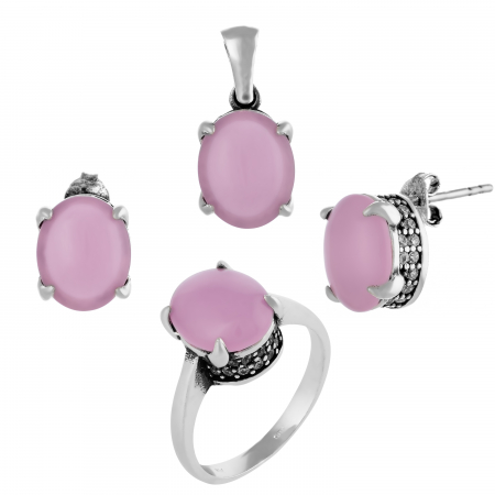 Seturi bijuterii cu piatra - Set din argint 925 rodiat( cercei+pandantiv+ inel),Culoare:roz, Piatra:quart si cubic zirconia