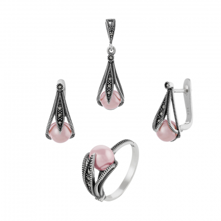 Set din argint 925 ( cercei+pandantiv+inel ), Piatra: perla de laborator si marcasite, Culoare: roz, Sonis Silver - Copie - Copie [2]