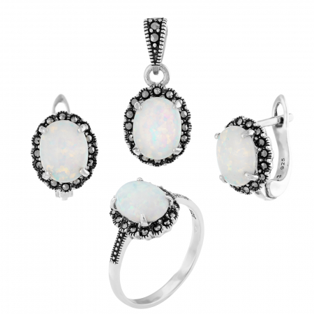 Produse - Set din argint 925 ( cercei+pandantiv+inel), Piatra: opal japonez si marcasite, Culoare: alb, Sonis Silver