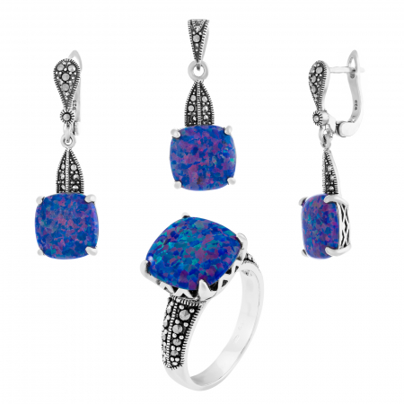 Produse - Set din argint 925 ( cercei+pandantiv+inel), Piatra: opal japonez si marcasite, Culoare: albastru, Sonis Silver