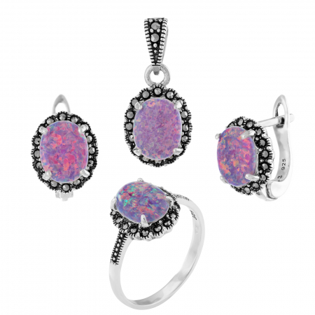 Produse - Set din argint 925 ( cercei+pandantiv+inel), Piatra: opal japonez si marcasite, Culoare: mov, Sonis Silver