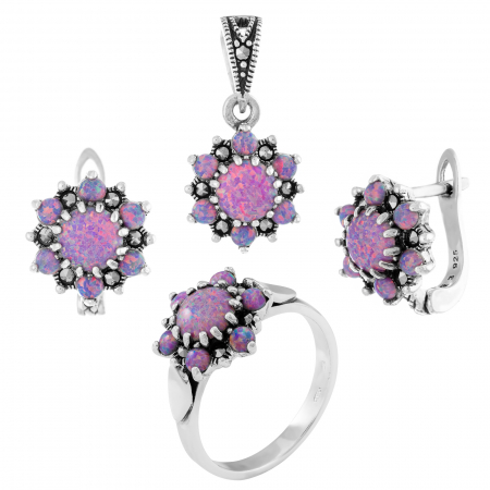 Produse - Set din argint 925 ( cercei+pandantiv+inel), Piatra: opal japonez si marcasite, Culoare: mov, Sonis Silver