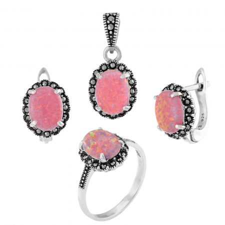 Produse - Set din argint 925 ( cercei+pandantiv+inel), Piatra: opal japonez si marcasite, Culoare: roz, Sonis Silver