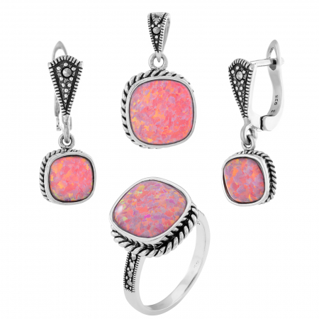 Produse - Set din argint 925 (cercei+pandantiv+inel), Piatra : opal japonez si marcasite ,Culoare : roz , Sonis Silver
