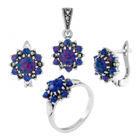 Produse - Set din argint 925 ( cercei+pandantiv+inel), Piatra: opal japonez si marcasite, Culoare: mov, Sonis Silver