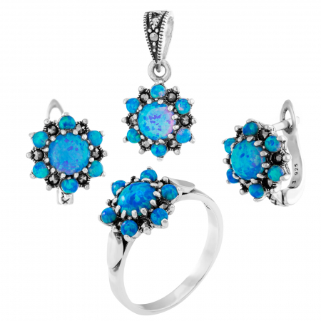 Produse - Set din argint 925 ( cercei+pandantiv+inel), Piatra: opal japonez si marcasite, Culoare: albastru, Sonis Silver