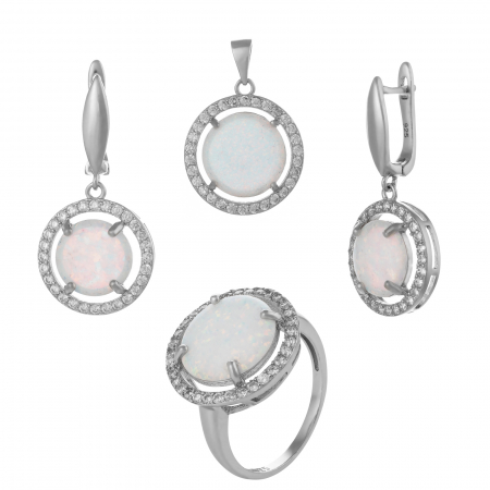 Seturi bijuterii cu piatra - Set din argint 925 ( cercei+pandantiv+inel),Piatra : opal de laborator si cubic zirconia , Culoare : alb si transparent ,Sonis Silver