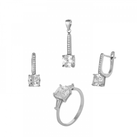 Seturi bijuterii cu piatra - Set din argint 925 rodiat  ( cercei+pandantiv+inel), Piatra : zirconia fatetata si cubic zirconia, Culoare : transparenta ,Sonis Silver