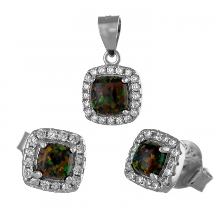 Seturi bijuterii cu piatra - Set din argint 925 rodiat (cercei+pandantiv), Piatra: opal de laborator si cubic zirconia,Culoare:maro cu insertii de verde , transparent
