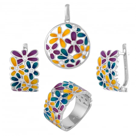 Seturi bijuterii cu email - Set din argint 925 rodiat (cercei+pandantiv+inel),Piatra : cubic zirconia si email , Culoare : multicolor , Sonis Silver