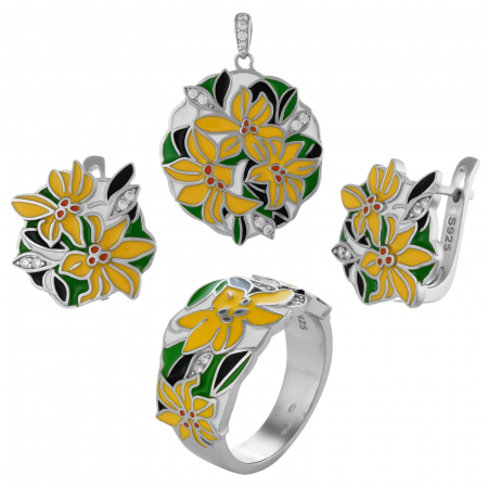 Seturi bijuterii cu email - Set din argint 925 (cercei+pandantiv+inel) rodiat , Piatra : cubic zirconia si email , Culoare: multicolor,