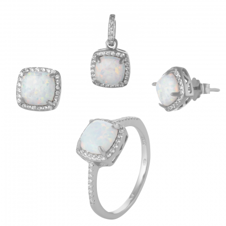 Seturi bijuterii cu piatra - Set din argint 925 (cercei+pandantiv+inel) rodiat , Piatra : opal de laborator, cubic zirconia , Culoare : alb cu insertii si  transparent ,