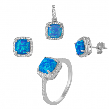 Seturi bijuterii cu piatra - Set din argint 925 (cercei+pandantiv+inel) rodiat , Piatra : opal de laborator , cubic zirconia , Culoare : albastru si transparent ,