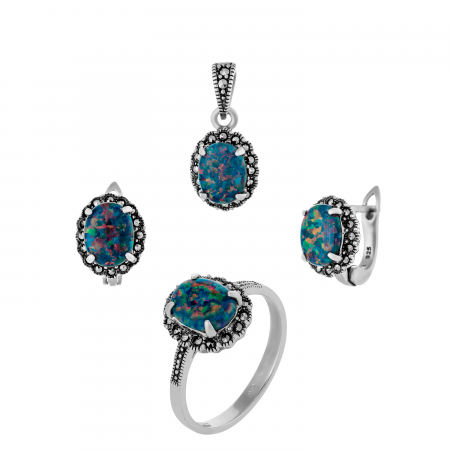 Seturi bijuterii cu piatra - Set din argint 925 (cercei+pandantiv+inel) , Piatra : opal japonez si marcasite , Culoare :  maro cognac, albastru, Sonis Silver