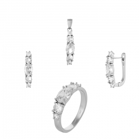 Seturi bijuterii cu piatra - Set din argint 925 ( cercei+pandantiv+inel), Piatra : zirconia fatetata , Culoare : transparenta ,Sonis Silver