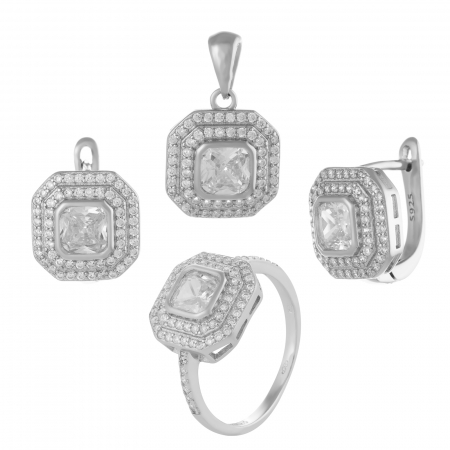 Seturi bijuterii cu piatra - Set din argint 925 rodiat ( cercei+pandantiv+inel),Piatra : zirconia fatetata si cubic zirconia , Culoare : transparenta ,
