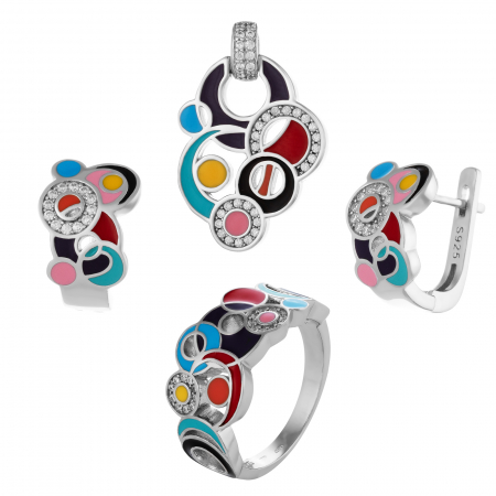 Seturi bijuterii cu piatra - Set din argint 925 ( cercei+pandantiv+inel), Piatra : cubic zirconia si email , Culoare : multicolor ,