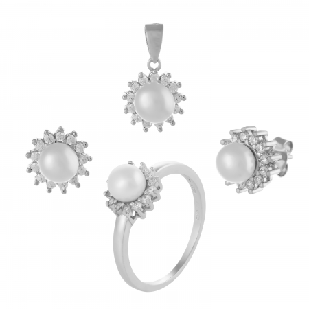 Seturi bijuterii cu piatra - Set din argint 925 rodiat  ( cercei+pandantiv+inel),Piatra : cubic zirconia si perla de laborator , Culoare : transparent si alb ,