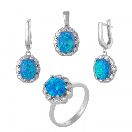 Seturi bijuterii cu piatra - Set din argint 925 rodiat  ( cercei+pandantiv+inel),Piatra : opal de laborator si cubic zirconia , Culoare : albastru si transparent,