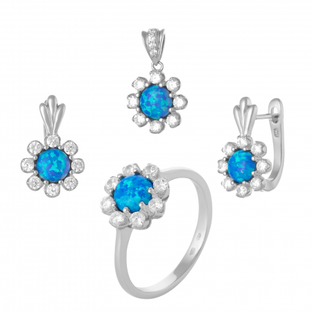 Seturi bijuterii cu piatra - Set din argint 925 rodiat  ( cercei+pandantiv+inel), Piatra :opal de laborator si cubic zirconia , Culoare : albastru si transparent  ,