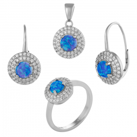 Seturi bijuterii cu piatra - Set din argint 925 ( cercei+pandantiv+inel),Piatra : opal de laborator si cubic zirconia , Culoare : albastru si transparent ,