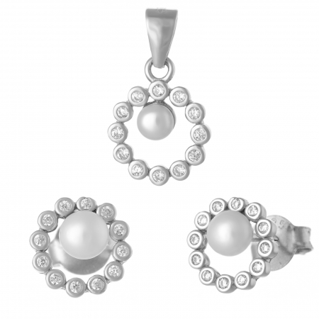 Seturi bijuterii cu piatra - Set din argint 925 ( cercei+pandantiv) rodiat , Piatra :Perla de laborator  cubic zirconia, Culoare : alb si transparenta ,