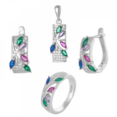 SETURI BIJUTERII - Set din argint 925 ( cercei+pandantiv+inel) rodiat , Piatra : cubic zirconia, Culoare : multicolor ,